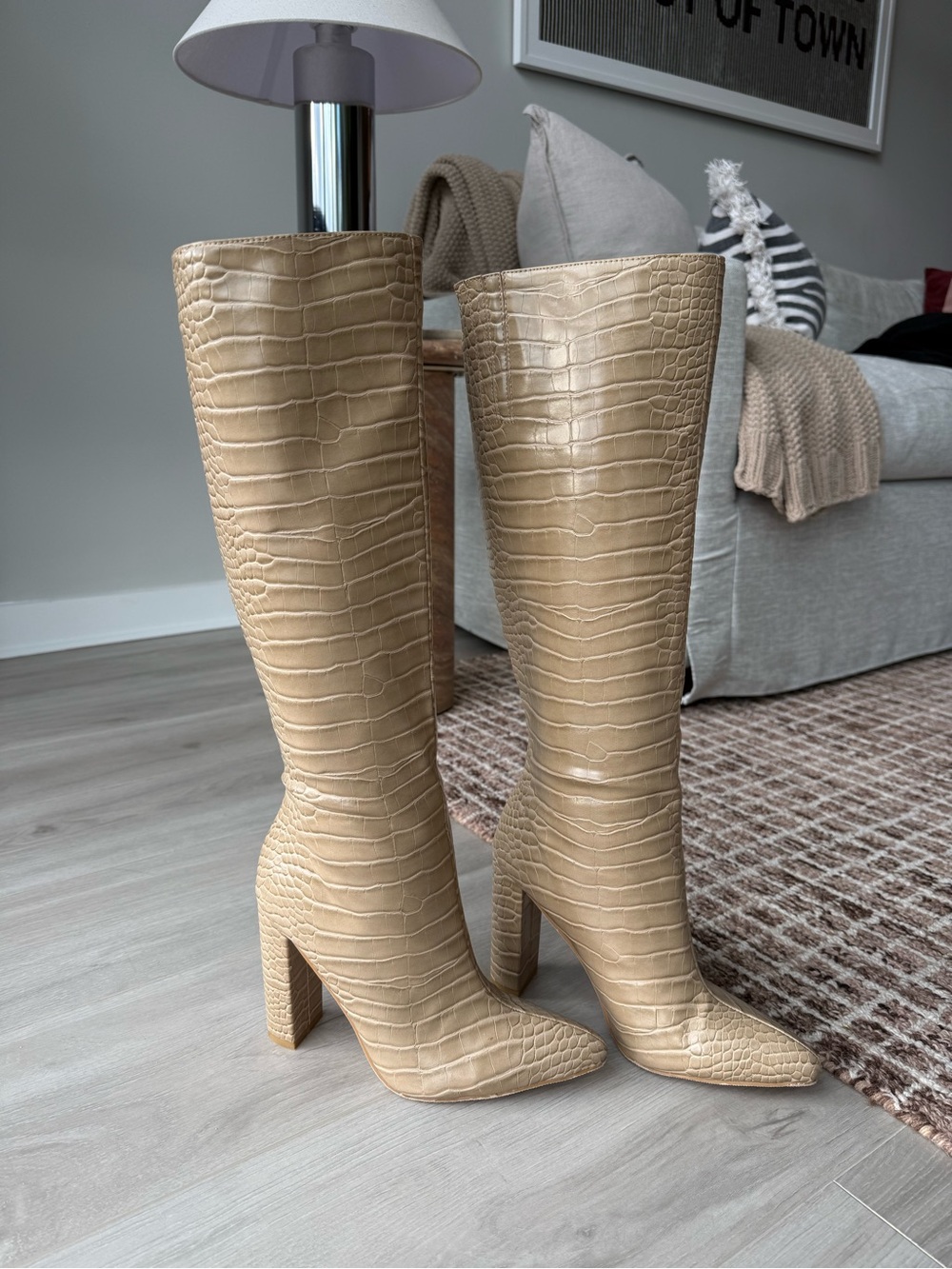 PLT Croc-Embossed Knee-High Boots in Beige - Women's Fashion Boots